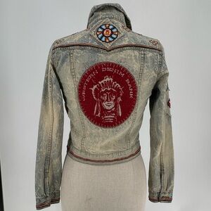 Western Denim Bank Jean Jacket Womens Knit Indian Medallion w Embroidery Beaded